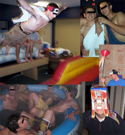 Abu Ghraib images: (Images clockwise from upper right) Prisoners drinking beer in togas; Prisoner after a beer bong; Prisoner wearing a beer carton helmet; Prisoners crammed into a kiddie pool; and Prisoner leaping onto a bouncy mat